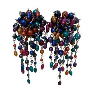 Vintage Multi-Color Beaded Statement Clip-On Earrings With Dangle Design